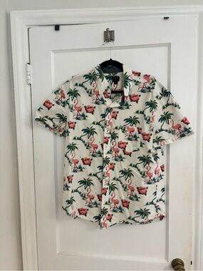 J.Crew Flamingo Palm Print Short Sleeve Shirt - L 🦩🌴